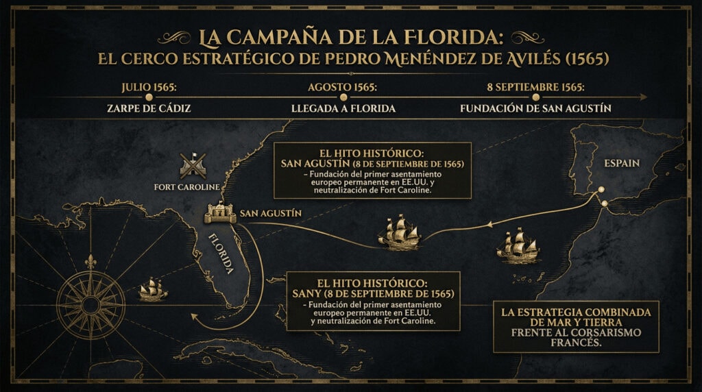 Infografía histórica en mapa del siglo XVI mostrando la ruta de Pedro Menéndez de Avilés hacia La Florida y la fundación de San Agustín.