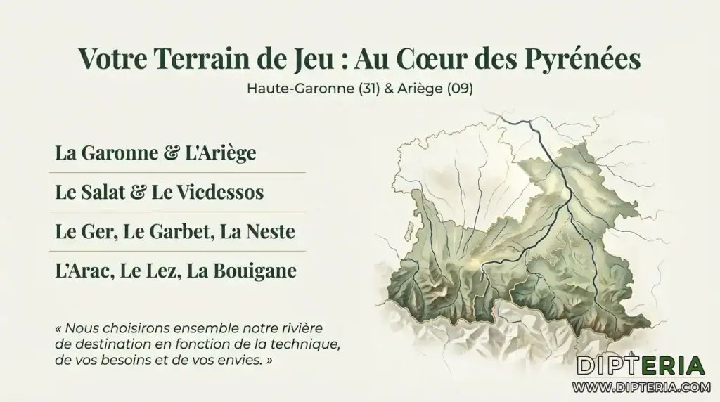 Carte des secteurs de pêche de François Dipteria : Garonne, Ariège, Salat, Vicdessos, Ger, Garbet, Neste, Arac, Lez et Bouigane.
