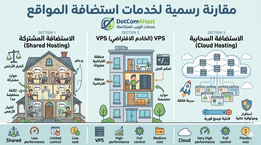 رسم يوضح الفرق بين الاستضافة المشتركة و VPS والسحابية