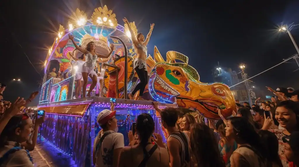 Espectacular carro alegórico del carnaval en Encarnación con bailarines y luces de colores.