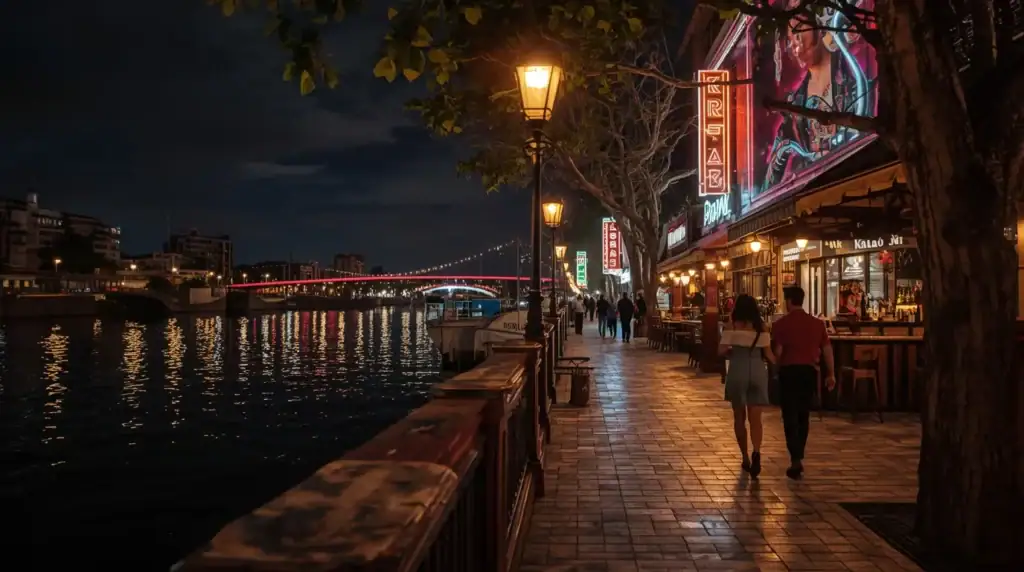 Vista nocturna de la costanera de Encarnación con luces y paseantes.