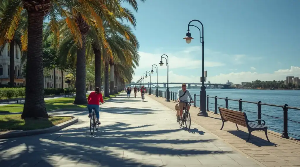 Personas caminando y andando en bicicleta en la costanera de Encarnación.