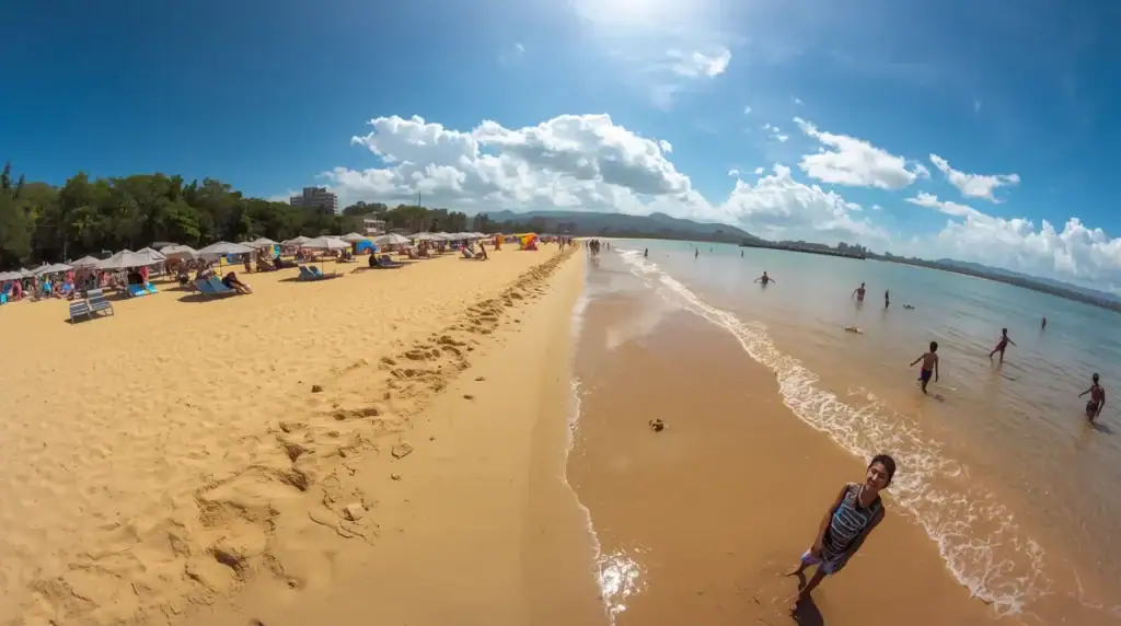 Playa San José vista desde la costanera de Encarnación con bañistas y arena dorada.