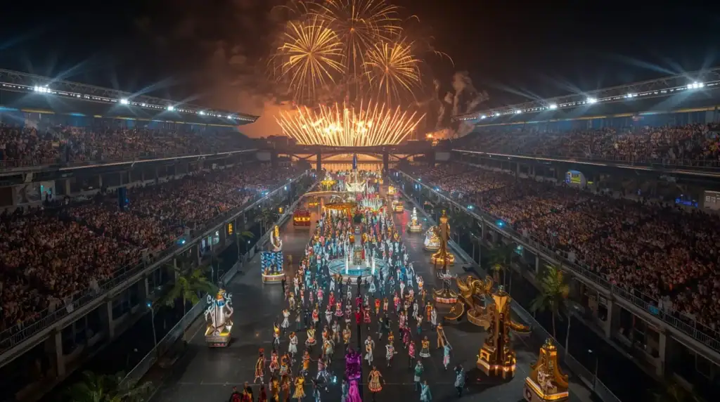 Vista aérea del sambódromo en el carnaval en Encarnación con desfiles y multitudes.