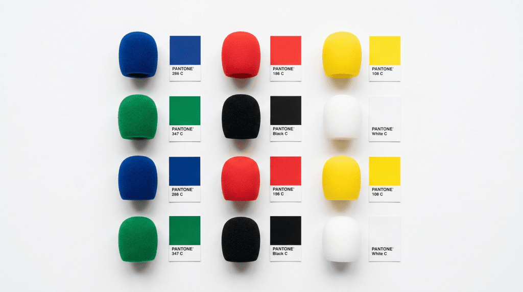 Foam microphone windshields in multiple brand colours — colour matching guide for RGB, CMYK and Pantone