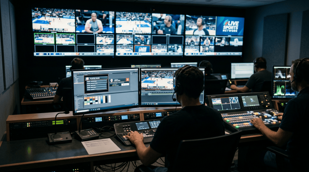 Broadcast control room with graphics operators managing live TV video wall, lower thirds, BUG logos, and multi-monitor sports feed during production