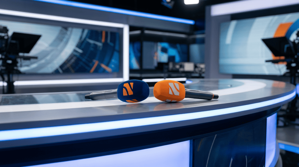 Branded foam mic windscreens for broadcast on studio news desk