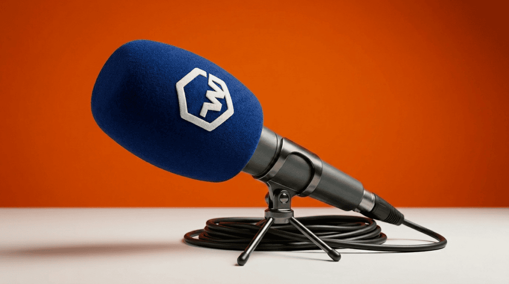 Professional handheld broadcast microphone with custom branded flock-coated foam windshield in deep blue with contrasting white raised logo, coiled XLR cable, vibrant red studio backdrop