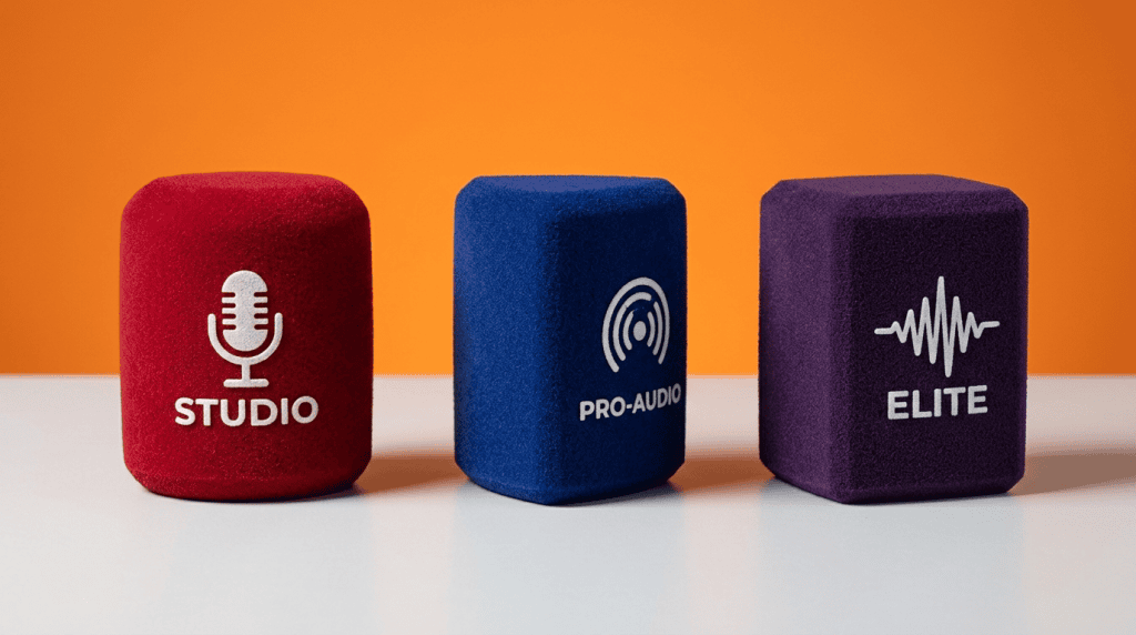 Three professional flock-coated foam windshields side by side — cylindrical red, triangular 3-sided blue, square 4-sided green — each with contrasting white flock logo, orange studio background
