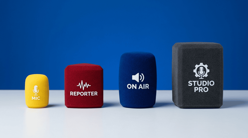 Four flock-coated foam windshields arranged smallest to largest — yellow, red, blue, charcoal — each with contrasting white logo, on studio surface with purple backdrop