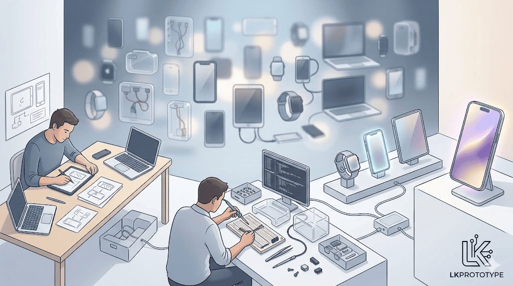 An illustration of Apple's innovation process through prototyping, with blurred prototypes in the background.