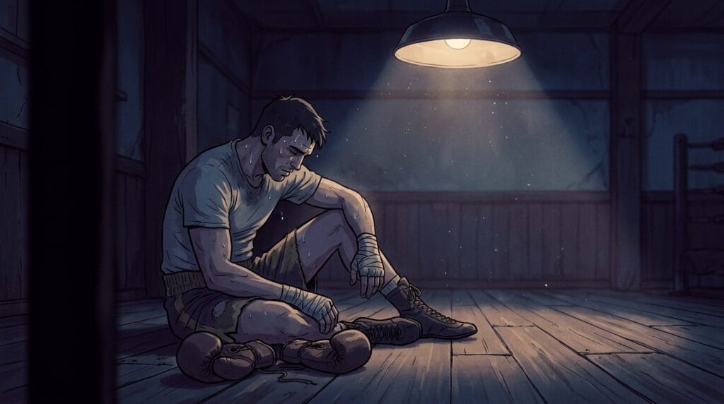 Como se tornar mais confiante: por que esperar a confiança pode estar te impedindo de agir 3 Exhausted boxer resting in gym 202609031555