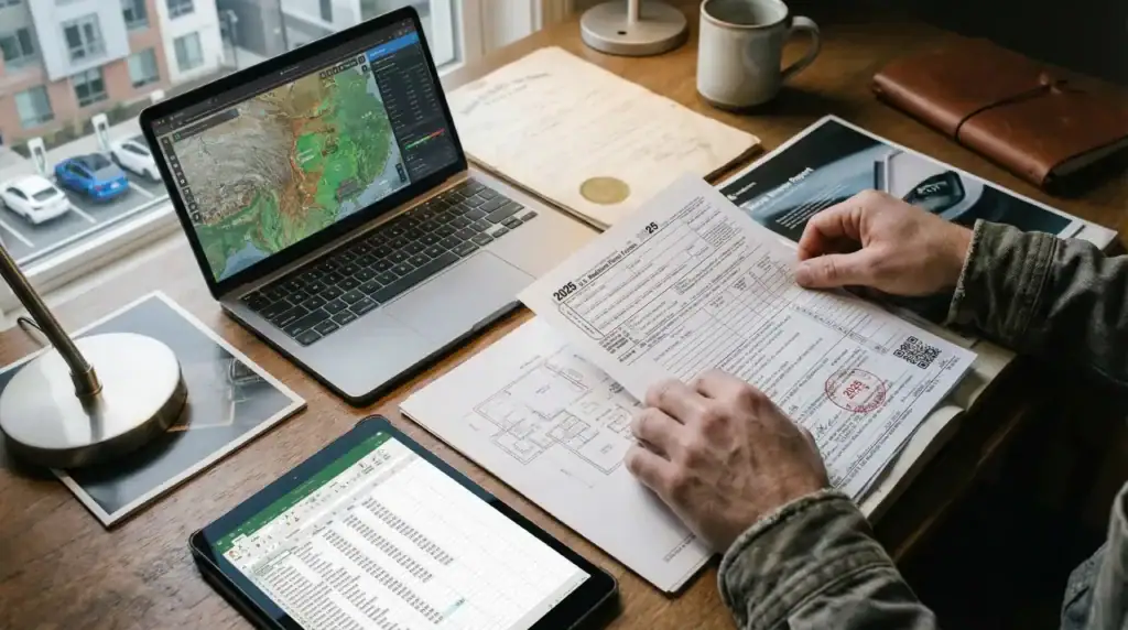 Property investment planning with maps and paperwork