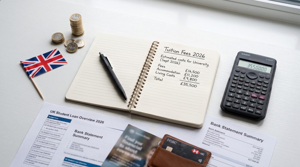 Calculator and pound coins on a desk representing UK tuition fees and living expenses for international students Study in UK 2026