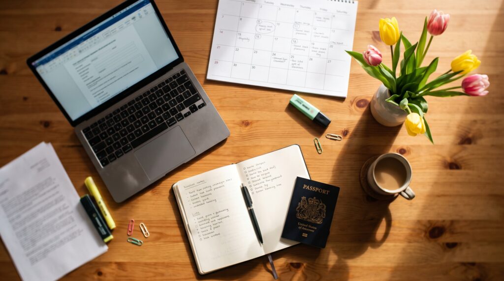 Student planning NL Scholarship 2027 deadlines with laptop, passport and calendar for Netherlands scholarship applications
