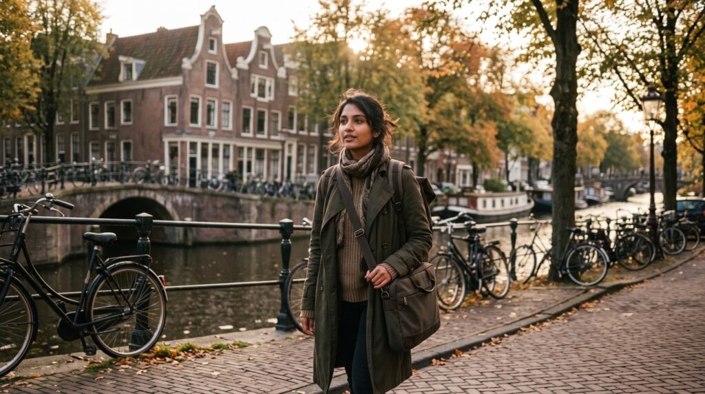 International student by a Dutch canal, representing the NL Scholarship 2027 (Holland Scholarship) for non-EEA students