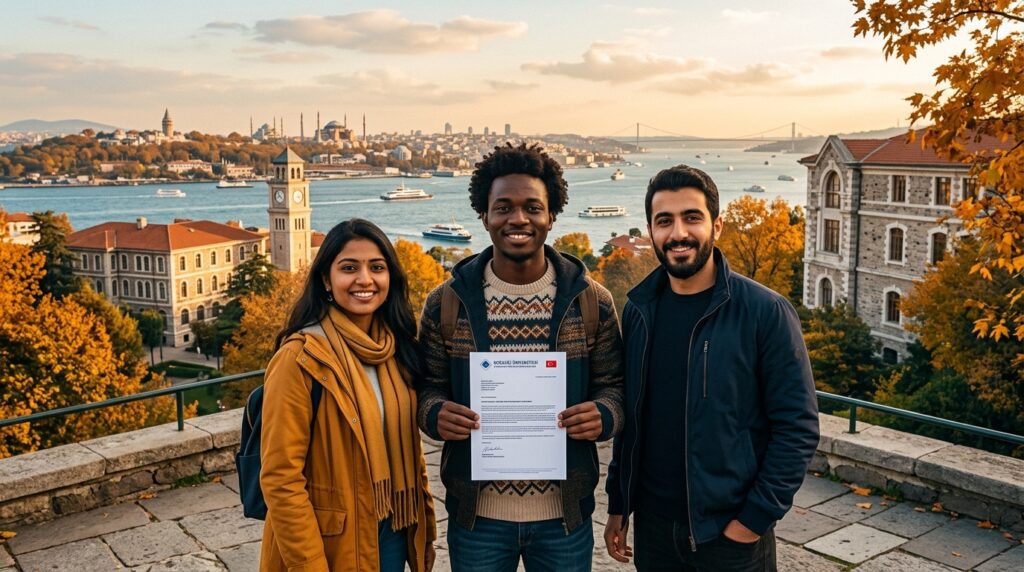 International students holding Turkish Scholarships Without IELTS 2026 documents at Boğaziçi University campus overlooking the Bosphorus, representing Türkiye Bursları fully funded scholarships without IELTS