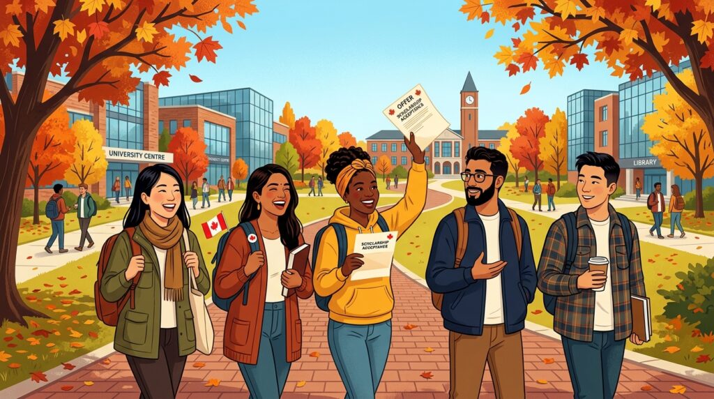 Diverse international students walking on a Canadian university campus in autumn, representing opportunities for Study in Canada Scholarships 2026-2027
