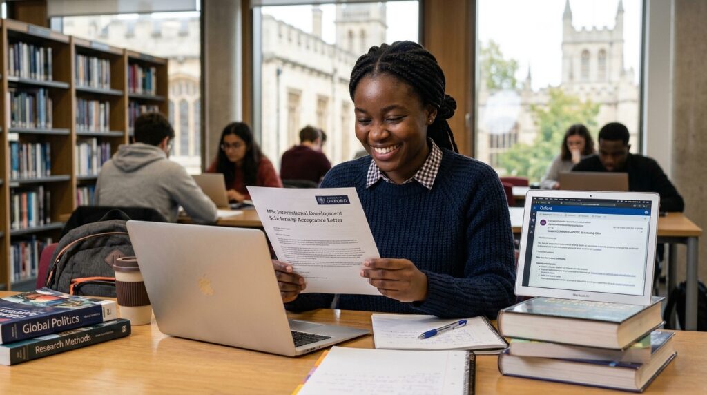 International student reviewing fully funded masters scholarship offer letter at European university 2026