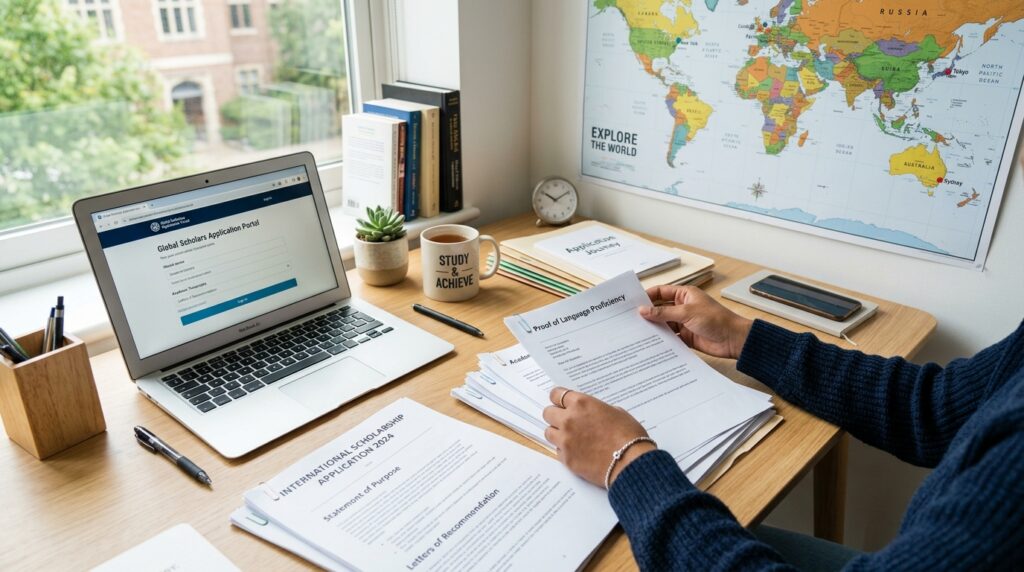 International student preparing fully funded scholarship application documents and personal statement 2026
