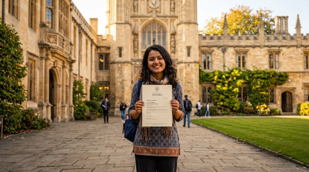 International student celebrating fully funded UK scholarship at Oxford University 2026