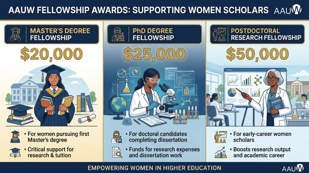 AAUW International Fellowship funding amounts $20000 masters $25000 PhD $50000 postdoctoral 2026