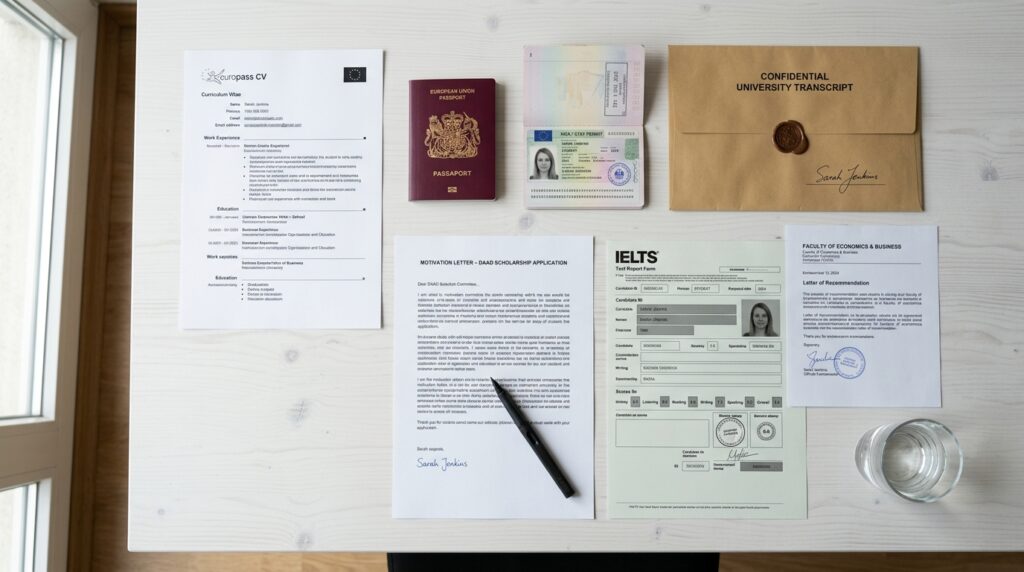 DAAD scholarship 2026 application documents including Europass CV, motivation letter, IELTS certificate, and academic transcripts arranged on a desk