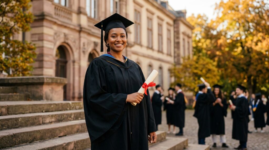 International student from Pakistan or Nigeria celebrating DAAD scholarship success at German university graduation ceremony 2026
