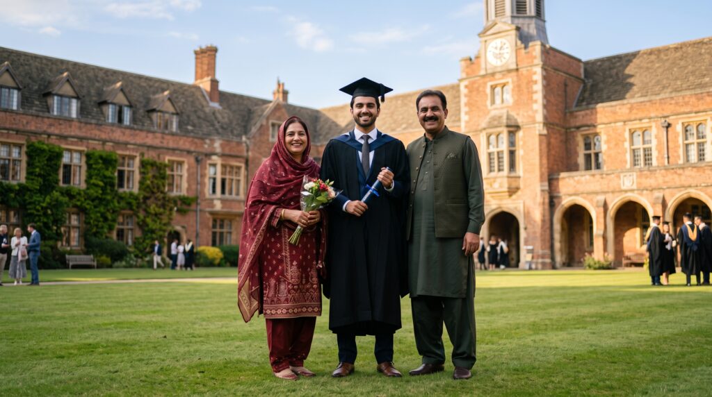 Pakistani student UK scholarship success graduation family 2026 Chevening Commonwealth Rhodes