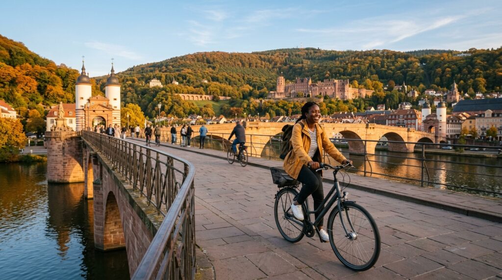 International student cycling across Heidelberg bridge Germany showing affordable student life on a DAAD scholarship stipend