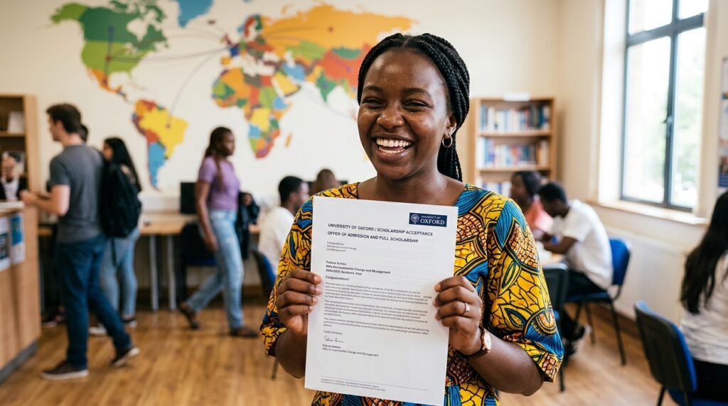 International student celebrating scholarship acceptance — Study Tribune mission to connect students with global opportunities