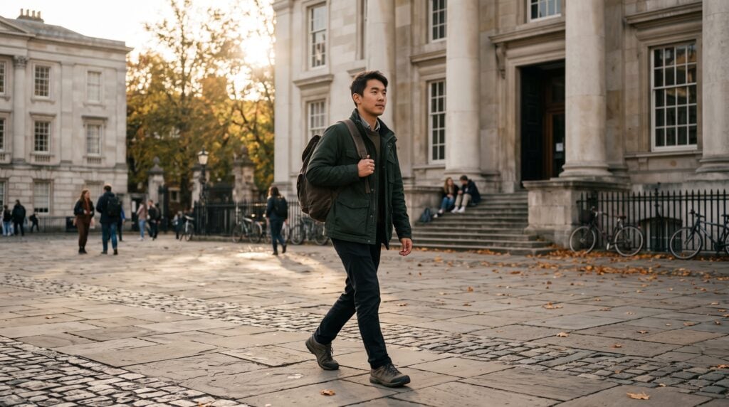 International master's student walking near a historic university building, representing the ETH Zurich Excellence Scholarship ESOP 2027