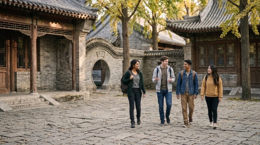 Student walking through a traditional courtyard campus, representing the Yenching Academy scholarship 2027 at Peking University
