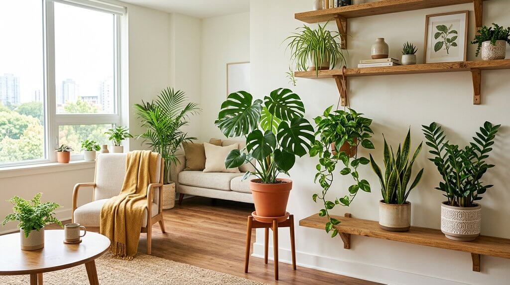 Sala de apartamento iluminada e decorada com diversas plantas fáceis de cuidar, como Monstera e Espada de São Jorge.