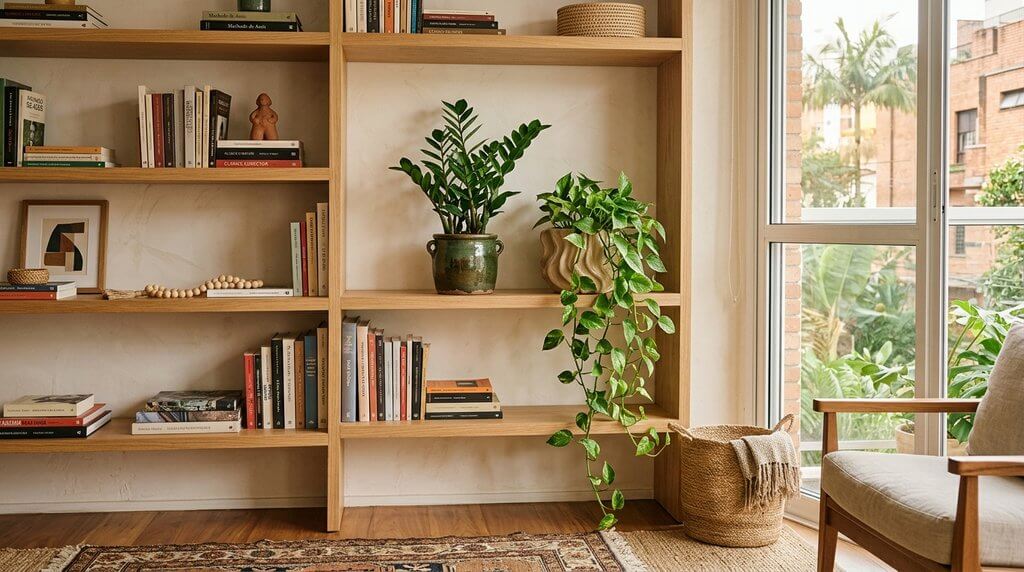 Ambiente acolhedor e funcional de apartamento compacto brasileiro com foco em plantas para apartamentos pequenos.