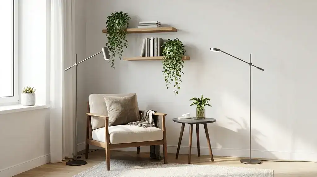 Cantinho de leitura acolhedor montado em um canto de sala com poltrona, luminária e prateleiras de madeira.
