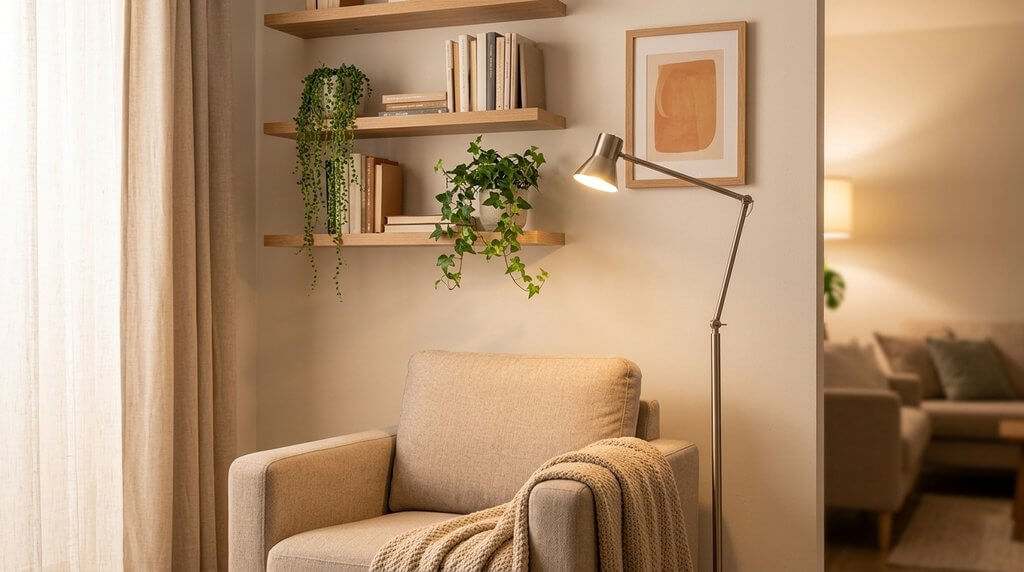 Canto de leitura com poltrona confortável, luminária de chão e prateleiras com livros e plantas.