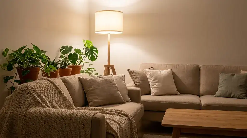 Sala de estar aconchegante com iluminação quente de luminária, sofá com manta de tricô e vasos de plantas.