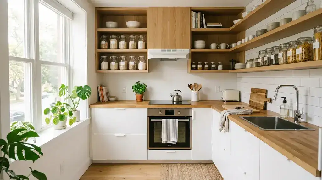 Ambiente acolhedor e funcional de apartamento compacto brasileiro com foco em organizar armário de cozinha pequena.