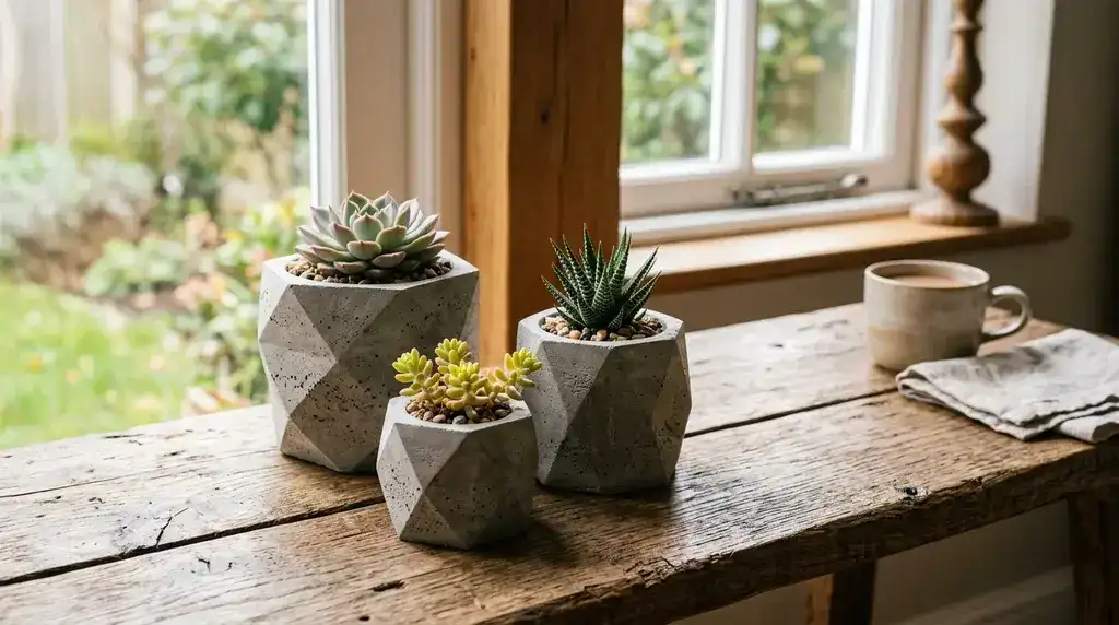 Três vasos de cimento geométricos de tamanhos variados com suculentas sobre mesa de madeira