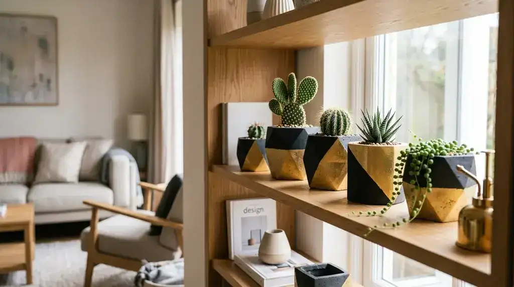 Prateleira decorada com vasos de cimento geométricos pintados em preto e dourado com cactos