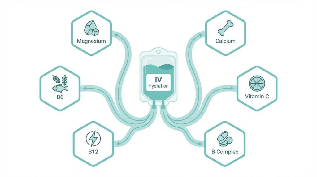 Infographic illustrating the key ingredients of a Myers' Cocktail IV hydration drip, including Magnesium, Calcium, Vitamin C, B-Complex, B12, and B6.