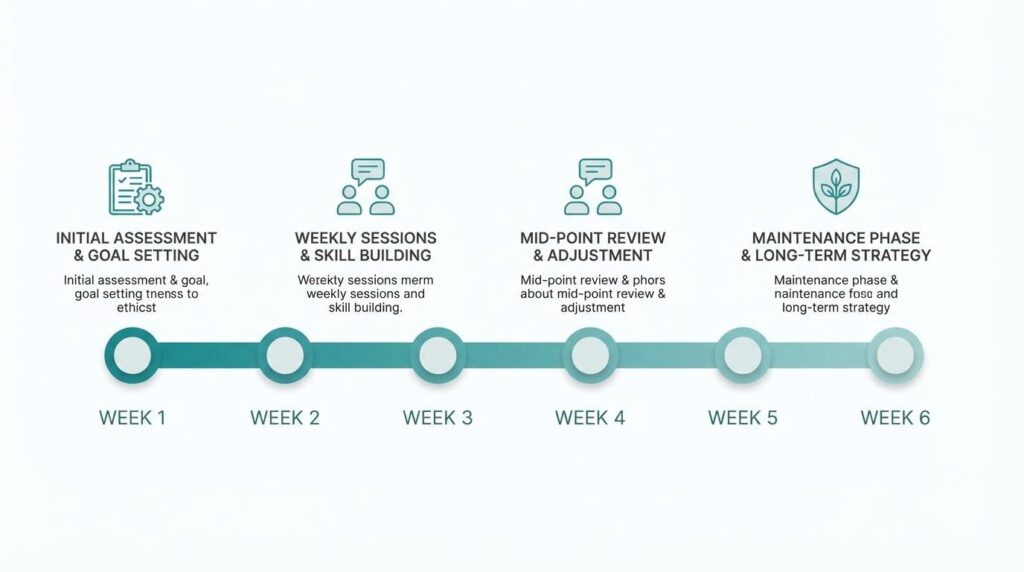A 6-week therapy process timeline infographic illustrating four key stages: initial assessment and goal setting, weekly sessions and skill building, mid-point review and adjustment, and the maintenance phase with a long-term strategy.