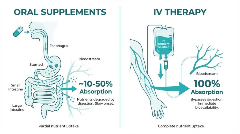 Infographic comparing the nutrient absorption rates of oral supplements versus IV therapy. It illustrates oral supplements passing through the digestive system, resulting in 10-50% absorption, while IV therapy bypasses digestion to deliver nutrients directly into the bloodstream for 100% absorption and immediate bioavailability.