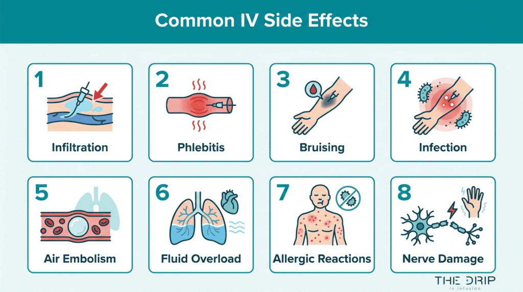 Common IV side effects chart showing infiltration, phlebitis, bruising, infection, air embolism, fluid overload, allergic reactions, and nerve damage