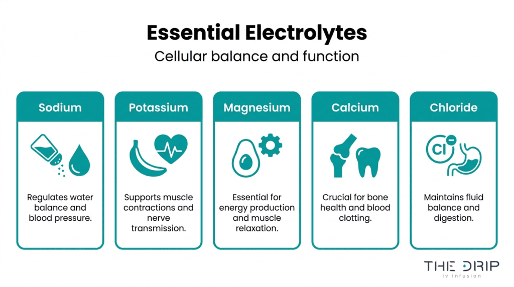 Essential electrolytes for IV hydration including sodium, potassium, magnesium, calcium, and chloride for cellular balance