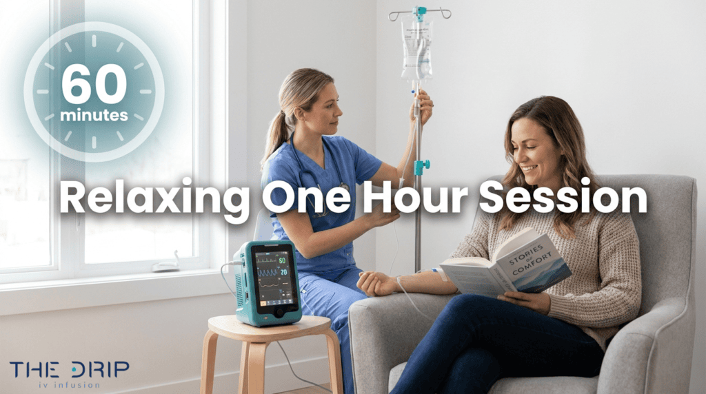 At-home IV therapy session with nurse providing a relaxing 60-minute flu recovery drip