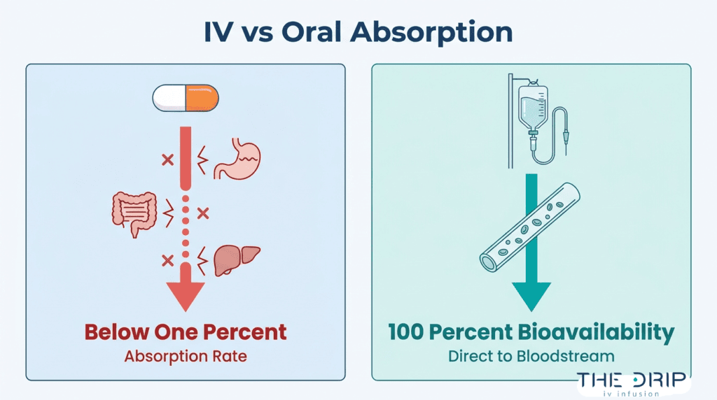 Glutathione IV vs oral absorption comparison showing direct bloodstream delivery and 100 percent bioavailability