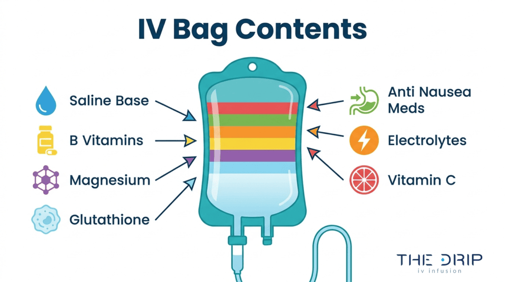 IV bag contents infographic showing saline base, B vitamins, magnesium, glutathione, anti-nausea meds, electrolytes, and vitamin C in IV therapy