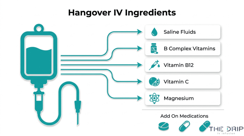 Hangover IV therapy ingredients including saline fluids, B vitamins, B12, vitamin C, and magnesium